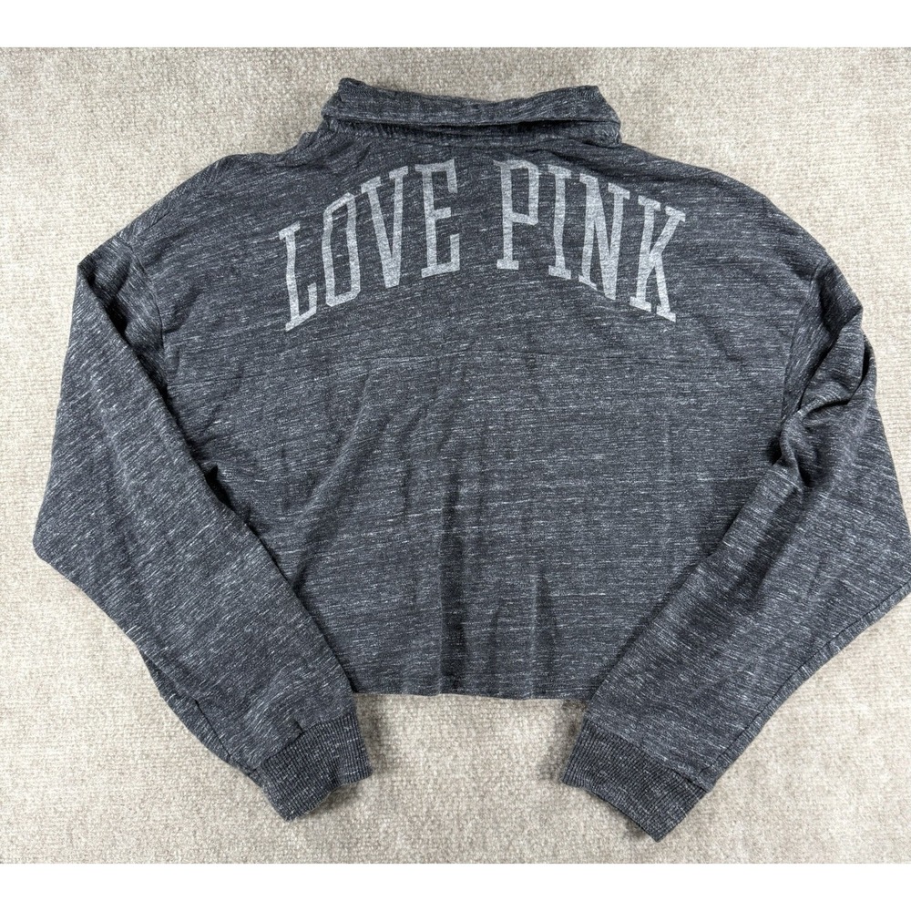 Victoria Secret PINK Women's Gray Cropped Pullover Hoodie XS Quarter Snap - Picture 2 of 6